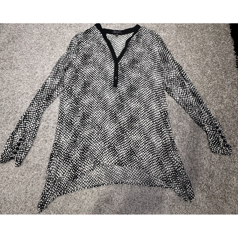 Spense Black White Printed Blouse XL Long Sleeve High Low